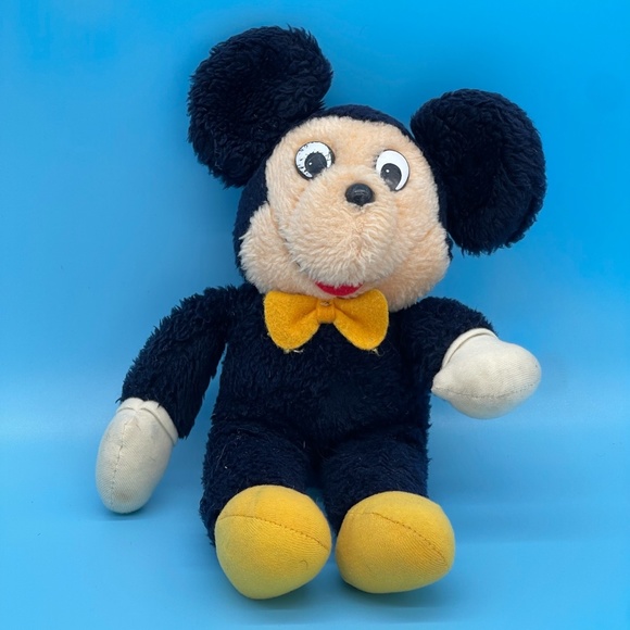 Vintage 1960s 70s Mickey Mouse Stuffed Animal Plush Walt Disney Yellow Bow Tie - Picture 1 of 6